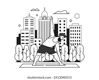 Bearded man practicing yoga in triangle pose on nature line art scene. Male doing fitness exercises on yoga mat in city park with trees and skyscrapers on background. Healthy lifestyle concept.