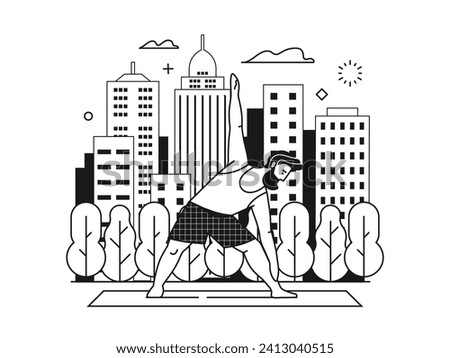 Bearded man practicing yoga in triangle pose on nature line art scene. Male doing fitness exercises on yoga mat in city park with trees and skyscrapers on background. Healthy lifestyle concept.
