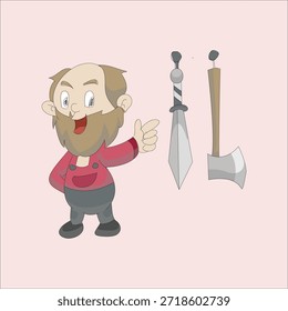 Hombre barbudo que presenta una espada y un hacha, concepto de venta de armas