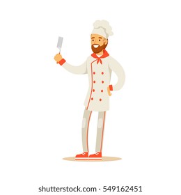 Bearded Man Professional Cooking Chef Working In Restaurant Wearing Classic Traditional Uniform Holding Spatula Cartoon Character