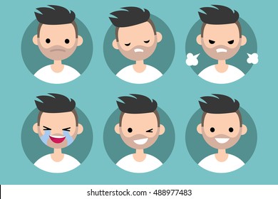 Bearded man profile pics / Set of flat vector portraits: upset, offended, angry, laughing, winking, smiling