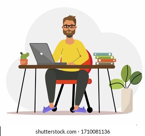A bearded man programmer works at home at a computer, laptop. Remote work in the home office. IT specialist freelancer, student. Colorful vector illustration in flat cartoon style.