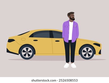 Un hombre barbudo con una chaqueta morada y pantalones negros se apoya en un coche amarillo brillante, exudando confianza y estilo en una tarde cálida y soleada en la ciudad