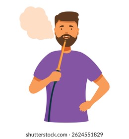 Bearded man in purple t shirt smoking a hookah and blowing a cloud of smoke