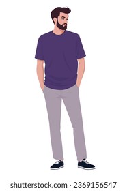 A bearded man in a purple T-shirt and white pants stands with his hands in his pockets