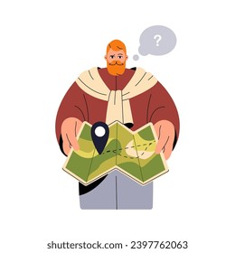 Bearded man with question mark lost. Tourist hold paper map in hands. Puzzled traveler searches route, way, path in travel. Navigate problems. GPS concept. Flat isolated vector illustration on white