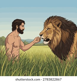 Bearded man reaching out to touch a large lion in a grassy field for storytelling