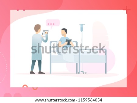 Bearded man reading a book. Sick man lying in a medical bed. Hipster in hospital. Doctor checking and examines the patient. Conceptual Modern and Trendy colorful vector illustration for landing page.