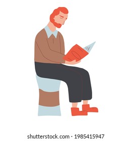 Bearded man reading a book. Vector hand drawn illustration. 