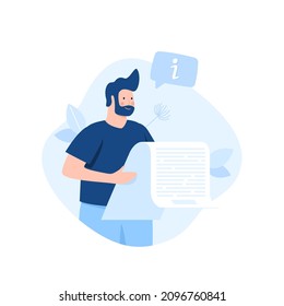 Bearded Man Reading Paper Document And Speech Bubble With Info Sign. Concept Of Professional Guide, Manual Or Instruction, Counselor Providing Information. Modern Flat Vector Illustration For Banner.