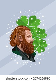A bearded man with red hair in profile against a background of clover leaves. Vector illustration for St. Patrick's Day.