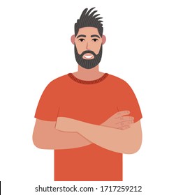 Hombre con barba en pantalones rojo que tiene los brazos cruzados. Hipster de pie con los brazos doblados posan contra. Ilustración vectorial al estilo de las caricaturas.