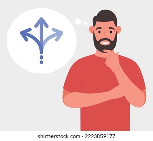 Un hombre barbudo con camisetas rojas pensando qué camino tomar. Elección alternativa. Vector.
