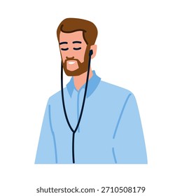 Hombre barbudo relajándose y meditando mientras escucha música a través de auriculares con cable, cerrando los ojos para una experiencia interna enfocada, simbolizando la paz, la atención plena y la reflexión personal