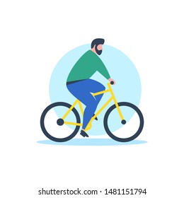Bearded Man Riding Bicycle Flat Illustration Design Vector