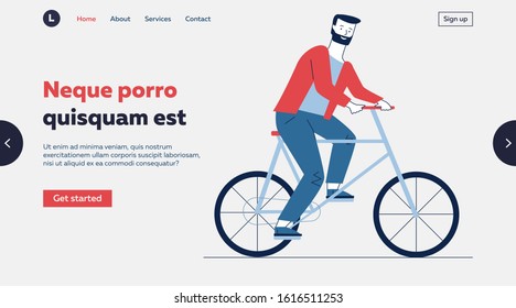 Bearded man riding bike. Male commuter moving by bicycle flat vector illustration. Commuting, lifestyle, city transport concept for banner, website design or landing web page