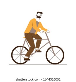 Bearded man riding bike. Male character travel by bicycle flat vector illustration. Eco transport, outdoor activity, cycling concept for banner, website design or landing web page