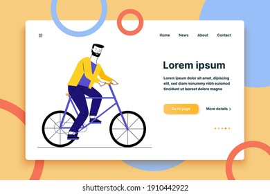 Bearded man riding bike. Male character travels by bicycle, flat vector illustration. Eco transport, outdoor activity, cycling concept for banner, website design or landing web page