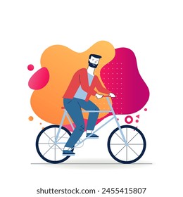 Bearded man riding bike. Male character travel by bicycle flat vector illustration. Eco transport, outdoor activity, cycling concept for banner, website design or landing web page