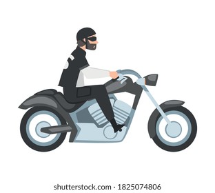 Bearded Man Riding Motorcycle, Side View of Male Biker Character in Black Leather Clothes and Helmet Driving Chopper Cartoon Style Vector Illustration