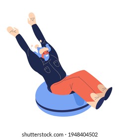 Bearded man riding snow tubing donut isolated on white. Vector character happy with raised hands