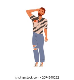Bearded Man in Ripped Jeans and Striped Shirt Waiting or Standing in Queue or in Line for Nightclub Vector Illustration