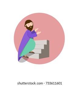 Bearded man rises in a cloak is walking along the stairs. Flat illustration
