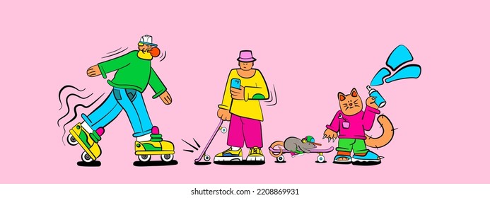 Hombre con barba, patinando. chico con patineta. Gato lindo al estilo de la cultura urbana con globo de graffiti. Ratón en patineta. Ilustración urbana. Ilustración del vector