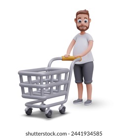 Bearded man is rolling pushcart. Buyer goes shopping. Realistic vector mockup
