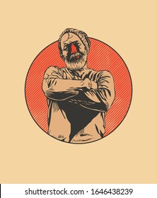 Bearded Man in einem runden Emblem. Vektorillustration.