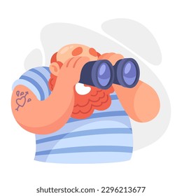 Bearded Man Sailor Character with Binoculars Looking Into the Distance Vector Illustration