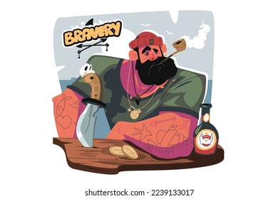 Bearded man sailor smoking pipe vector illustration. Man drinking rum. Seafarer or seaman character flat style concept