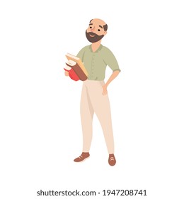 Bearded Man as School Teacher or Educator Holding Pile of Schoolbook Vector Illustration