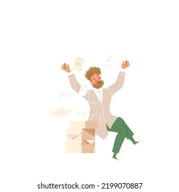 Bearded Man Scientist with Paper Pile Conducting Scientific Research Vector Illustration