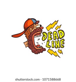 Bearded man screaming Deadline word, time limit, stress and burnout sign vector Illustration on a white background