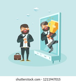 Bearded man sees himself in front of mirror reflection with golden trophy champion cup. Man dreaming of becoming a champion in business, scholl, and life. Vector illustration