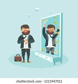 Bearded man sees himself as rich in front of mirror reflection. Businessman dream to be rich concept. Vector illustration
