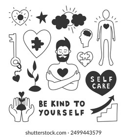 Bearded man with self love symbols Doodle Set. Hand drawn collection of sketches with outline psychotherapy and psychology icons. Isolated vector illustration