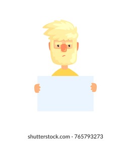 Bearded man with serious face expression holding white sheet of paper. Cartoon character with blank sign. Place for text. Isolated flat vector