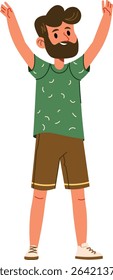A bearded man with a shirt and shorts raises his arms in a joyful pose, drawn in a cartoon style. The character's expression is happy and energetic, with a playful stance. Cartoon vector illustration.