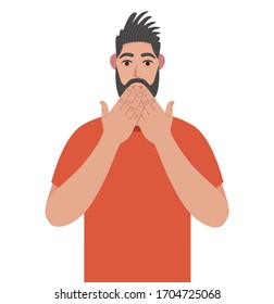 Bearded man shocked covering mouth with hands for mistake. Hipster expression of fear, scared in silence, secret concept. Vector illustration in cartoon style.
