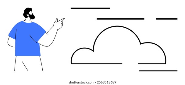 A bearded man with short hair and a blue shirt is pointing at a cloud with horizontal lines representing data or technology. Ideal for technology, cloud computing, data storage, networking, and IT