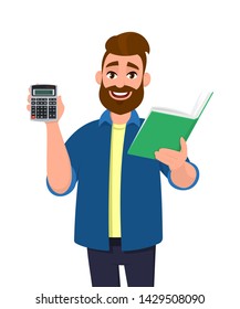 Bearded man showing or holding digital calculator device and book, report, document, folder or file in hand. Modern lifestyle, latest technology, banking, payment illustration in vector cartoon style.