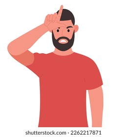 Bearded man showing loser sign on forehead with fingers. Vector illustration.