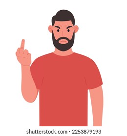 Hombre con barba que muestra los dedos medios. Gesto obsceno. Ilustración vectorial.