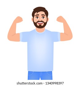 Bearded man shows biceps on his hands, young man plays sports, character in cartoon style