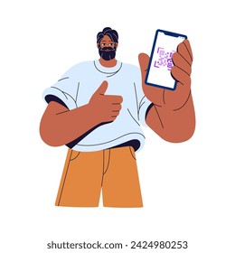 Hombre barbudo muestra un código QR, enlace a documentos de identidad. La persona presenta el código de identificación en el teléfono. El personaje sostiene el smartphone, gesto pulgares arriba. Ilustración aislada plana del vector sobre fondo blanco