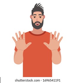 Bearded man shows stop gesture with his hand. Hipster with scared expression on his face making frightened gesture with his palms as if trying to defend himself from someone. Vector illustration.