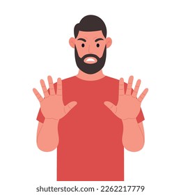 Bearded man shows stop gesture with their hands. Vector illustration.