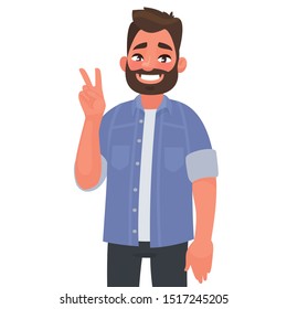 Bearded man shows victory gesture. A sign of success and peace. Vector illustration in cartoon style